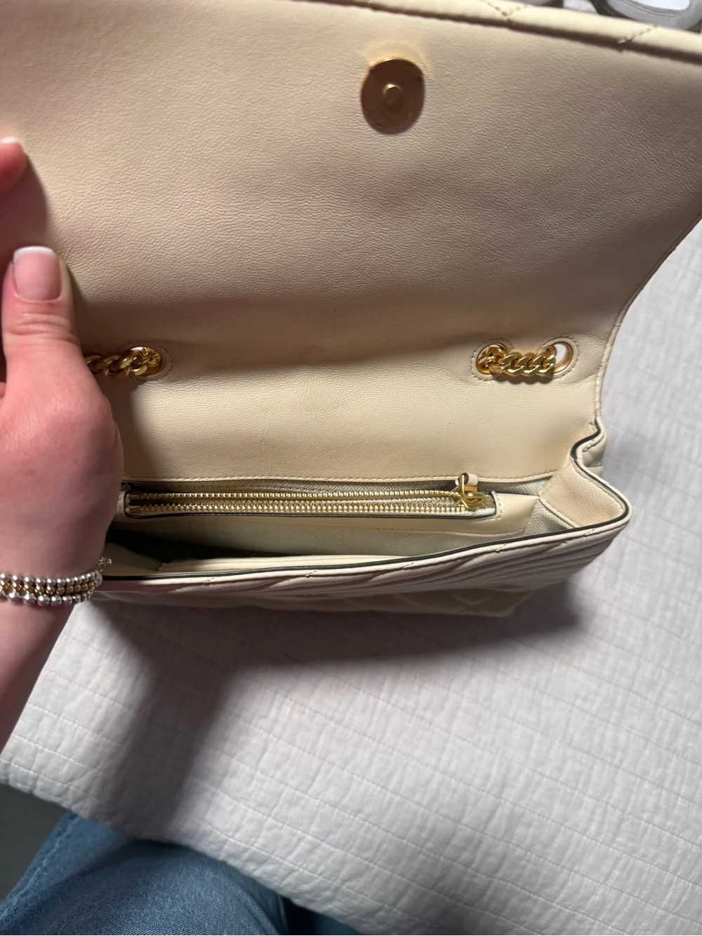 Tory Burch Cream Quilted Shoulder Bag with Gold Hardware